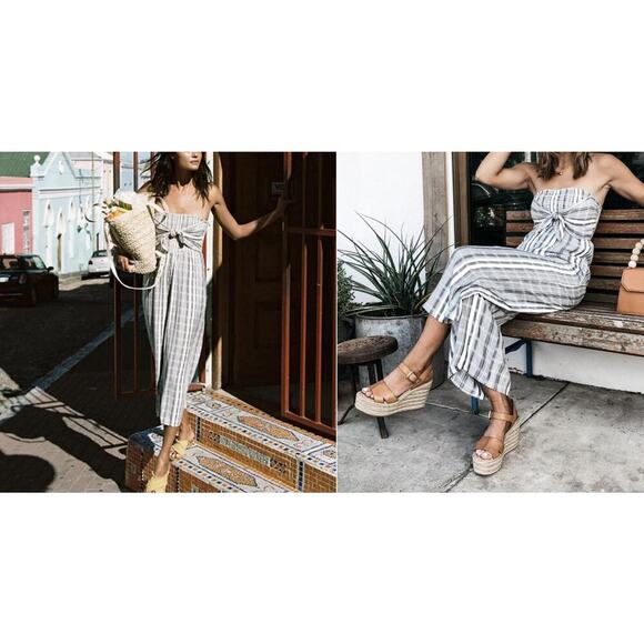 L*Space Riri Strapless Wide‑Leg Jumpsuit XS Gray White Stripe Smocked tie - Picture 15 of 15